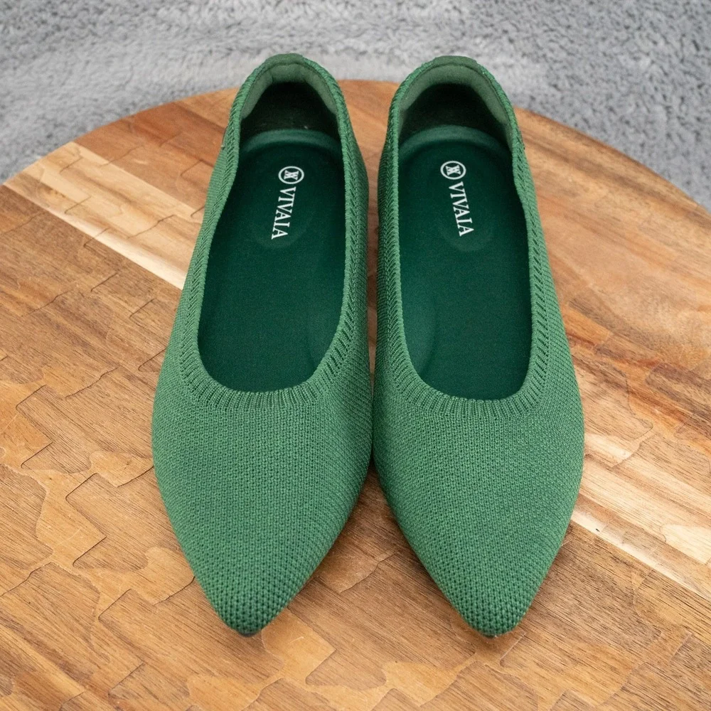 Vivaia Pointed Toe Ballet Flats Shoes Forest Green Knit Comfort 37.5 EU 7 US